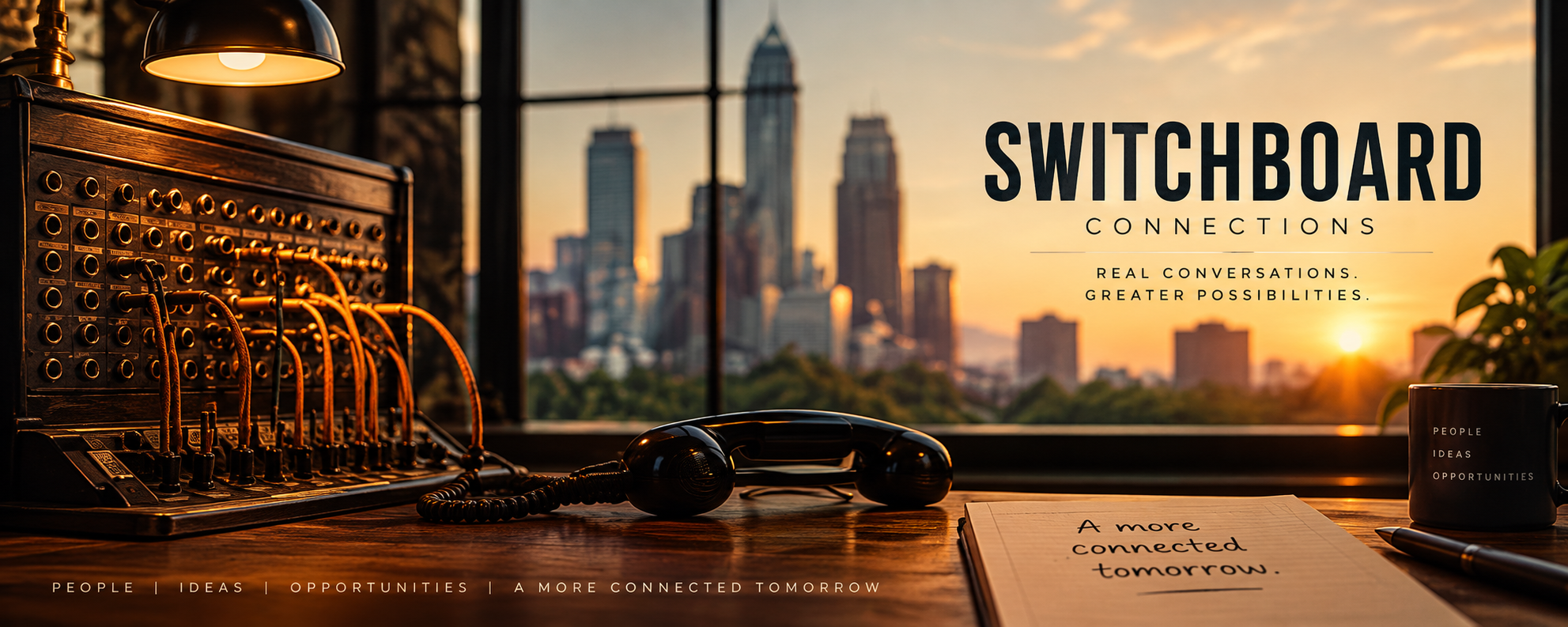 Vintage telephone switchboard overlooking a city at sunset, with the Switchboard Connections name and the words Real Conversations, Greater Possibilities